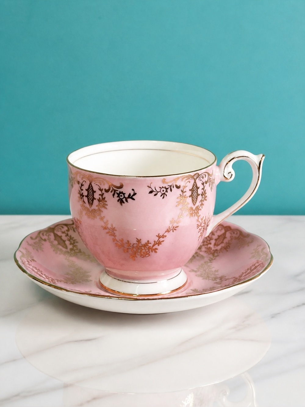 Vintage Queen Anne Pink Gold Scroll Tea Cup and Saucer